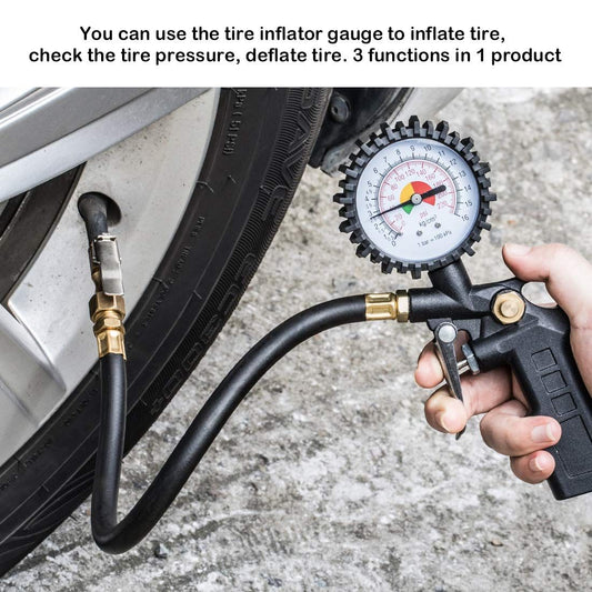Tire Inflator Deflator Air Pressure Gauge with Rubber Hose, Dial Wheel Inflator Gage with Straight Brass Lock-on Chuck Compatible with Air Pump Compressor for Car Motorcycle Bike