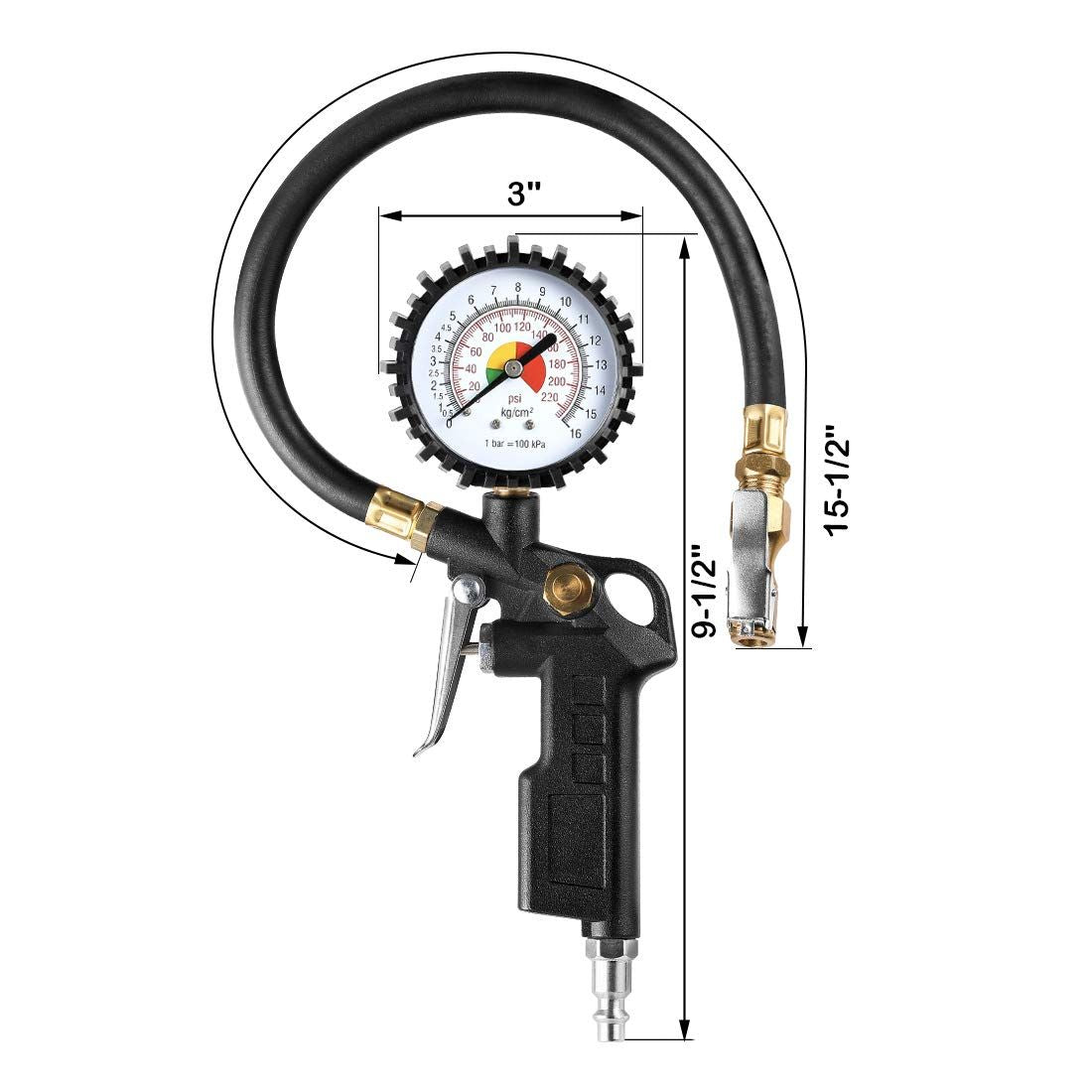 Tire Inflator Deflator Air Pressure Gauge with Rubber Hose, Dial Wheel Inflator Gage with Straight Brass Lock-on Chuck Compatible with Air Pump Compressor for Car Motorcycle Bike