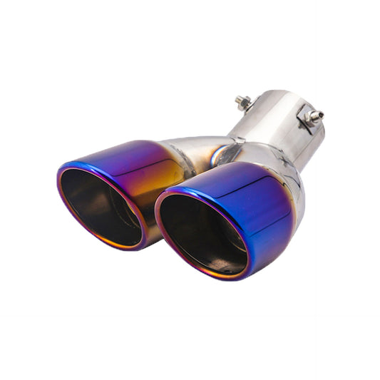 Inlet Dual Exhaust Muffler ,Chrome Exhaust ,Universal Bolt-On Double Tube Exhaust Muffler (Blue,Curved)