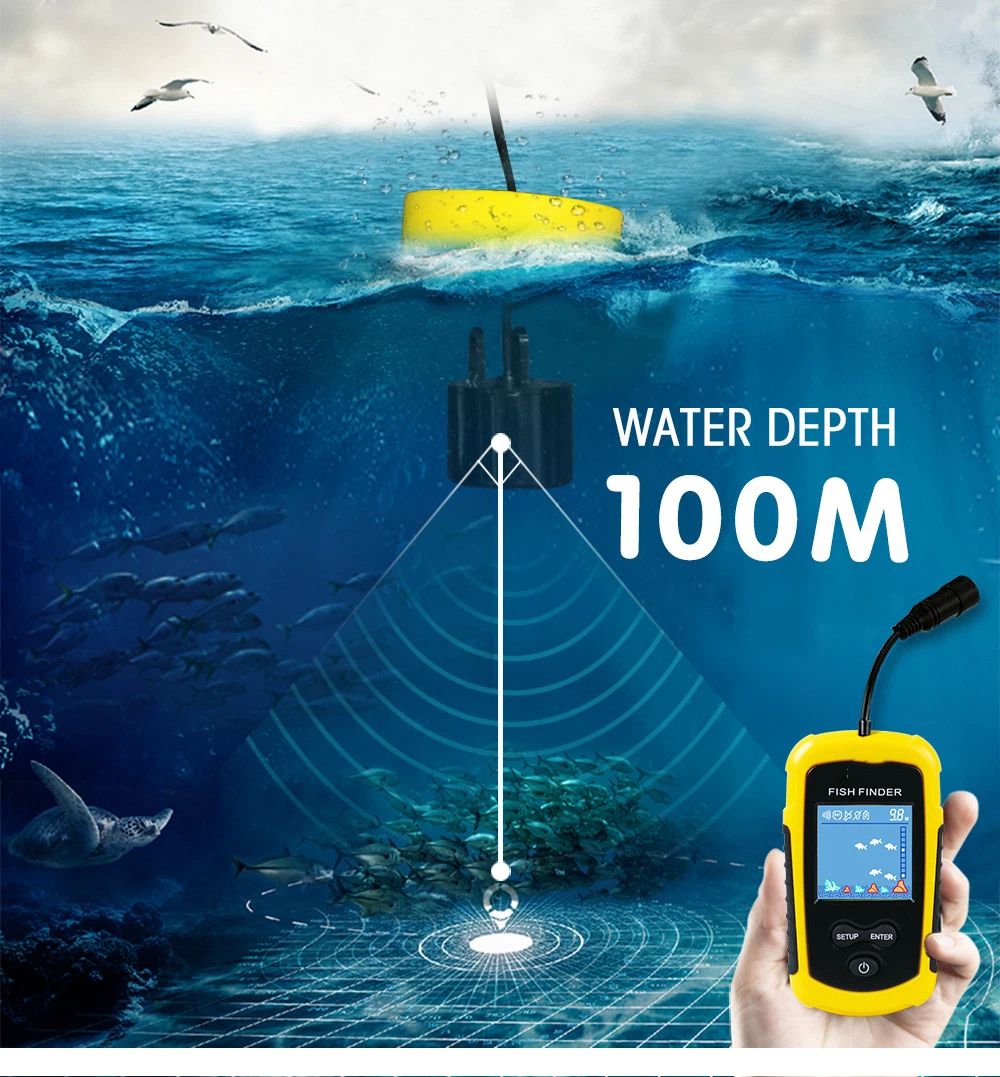 Portable Fish Depth Finder Water Handheld Fish Finder Sonar Castable Kayak Boat Fishfinder Transducer Fishing LCD Display (23*6.5cm)