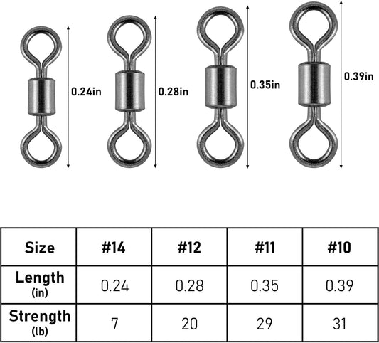 100-Pack Micro Swivels for Fly Fishing, Small Rolling Barrel Fishing Tackles, High Strength Swivel Hook line Connector with Black Nickel Coating #14-7LB-0.24IN-100PCS