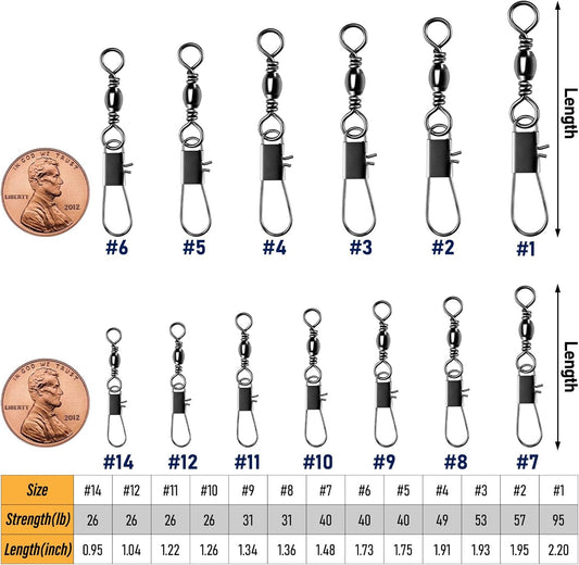 100-Pack Fishing Snap Swivels, Barrel Swivels Tackle with Snaps Freshwater, Stainless Steel Safty Interlock Swivel Black Nickel Coated Lure Hook Connector Quick Change Clips #14-26LB-0.98"