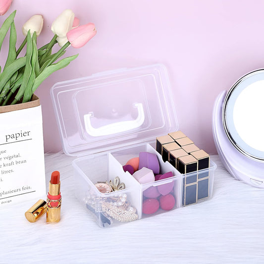 Petluno Clear Stackable Storage Box with Divider Tray, Plastic 3-Compartment Multi-functional Container for Nail Polish, Toys, Crafts, Stationery, Sewing, Fishing Gear Transparent Small