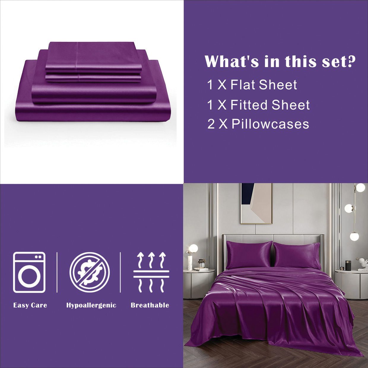 Art Silk Satin Sheet Set Hotel 4 Pieces Fitted/Flat Sheet Bedding Set-Luxury Soft Silky Sheets for Hair and Skin, Similar to Silk Bed Sheets Set 4 Pieces(Queen,Purple)