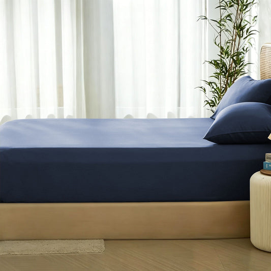 3 Piece Hotel Bamboo Cooling Fitted Sheet Set & Pillowcase -Ultra Soft 2000TC Breathable Fitted Bed Sheets Set with 37 Centimetre Deep Pocket-Cooling Sheets for Hot Sleepers(Navy,Double)