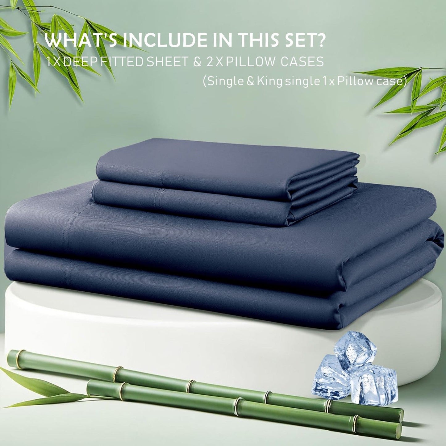3 Piece Hotel Bamboo Cooling Fitted Sheet Set & Pillowcase -Ultra Soft 2000TC Breathable Fitted Bed Sheets Set with 37 Centimetre Deep Pocket-Cooling Sheets for Hot Sleepers(Navy,Super King)