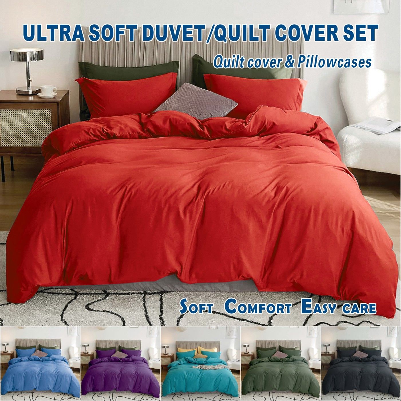 3 Piece Hotel Soft Microfiber Quilt Cover Set-2000TC Duvet/Donna Cover Set & Pillowcases -1 Quilt Cover Zipper Closure & 1 x Pillowcases-Breathable Bedding - Wrinkle, Fade, Stain Resistant(Red,Double)