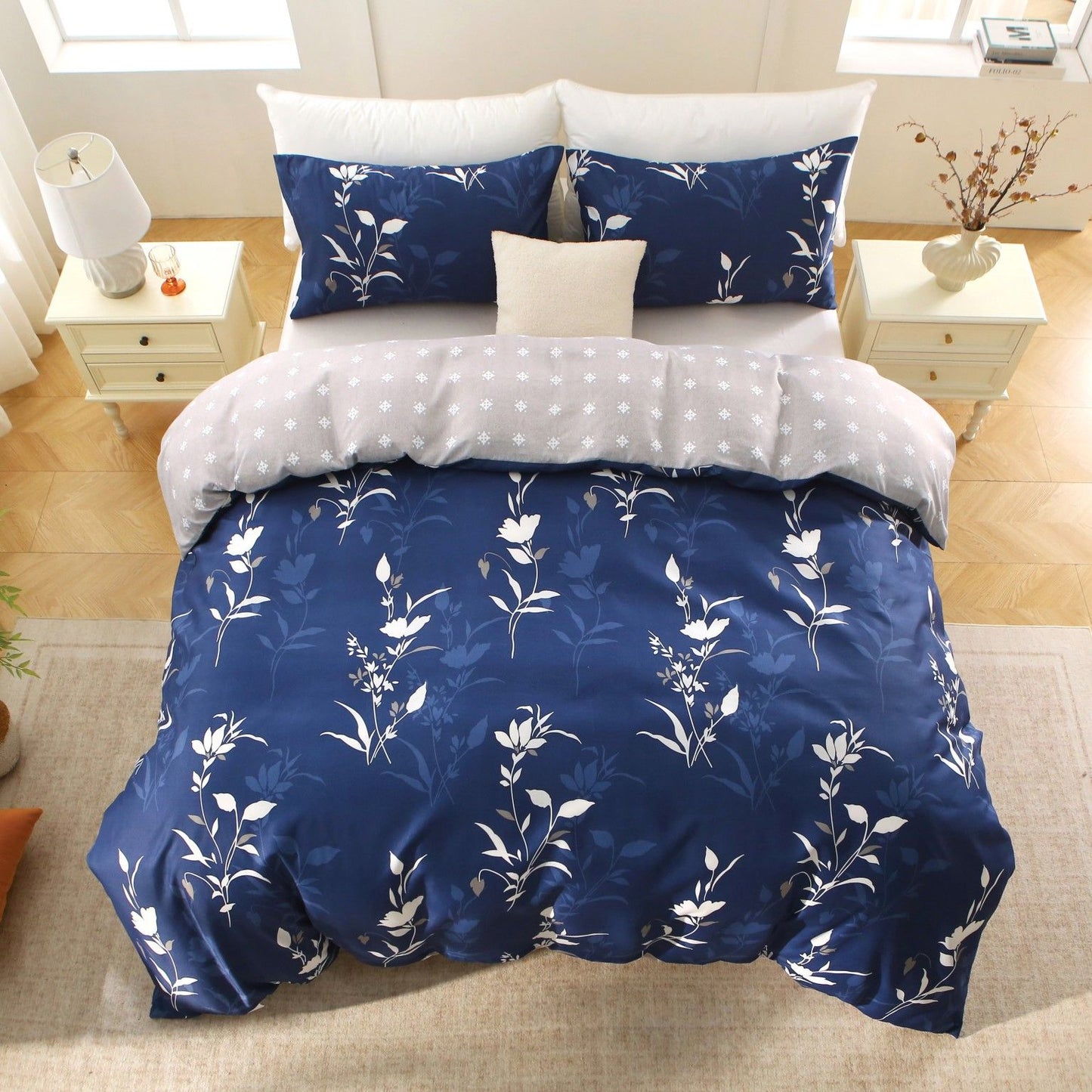 3 Piece Hotel Soft Microfiber Quilt Cover Set-2000TC Duvet/Donna Cover Set & Pillowcases -1 Quilt Cover Zipper Closure & 1 x Pillowcases-Breathable Bedding - Wrinkle, Fade, Stain Resistant(Navy Floral,Double)