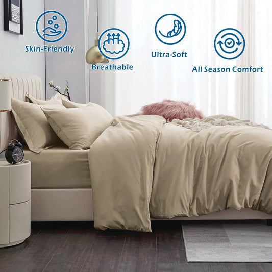 3 Piece Hotel Soft Microfiber Quilt Cover Set-2000TC Duvet/Donna Cover Set & Pillowcases -1 Quilt Cover Zipper Closure & 1 x Pillowcases-Breathable Bedding - Wrinkle, Fade, Stain Resistant(Camel Beige,Queen)