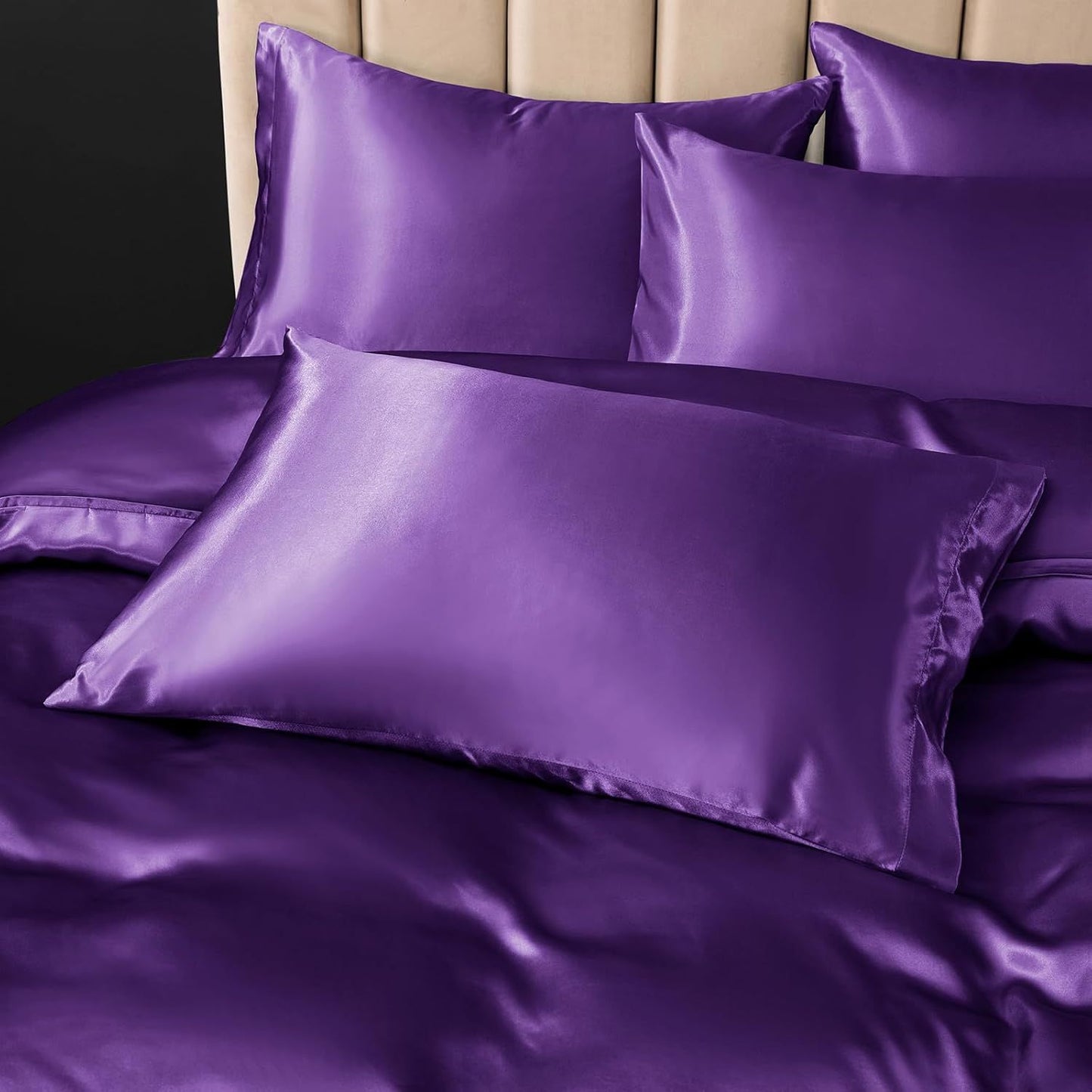 Satin Quilt cover Set Hotel 3 Pieces Quilt cover with Pillowcase, Art Silk Bedding Set-Luxury Soft Silky pillowcase for Hair and Skin, Similar to Silk Duvet/Donna Cover Set- 3 Pieces(Double,Purple)