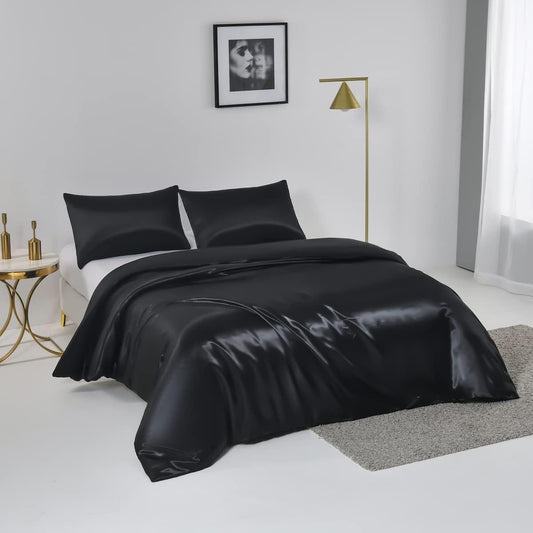 Satin Quilt cover Set Hotel 3 Pieces Quilt cover with Pillowcase, Art Silk Bedding Set-Luxury Soft Silky pillowcase for Hair and Skin, Similar to Silk Duvet/Donna Cover Set- 3 Pieces(King,Black)