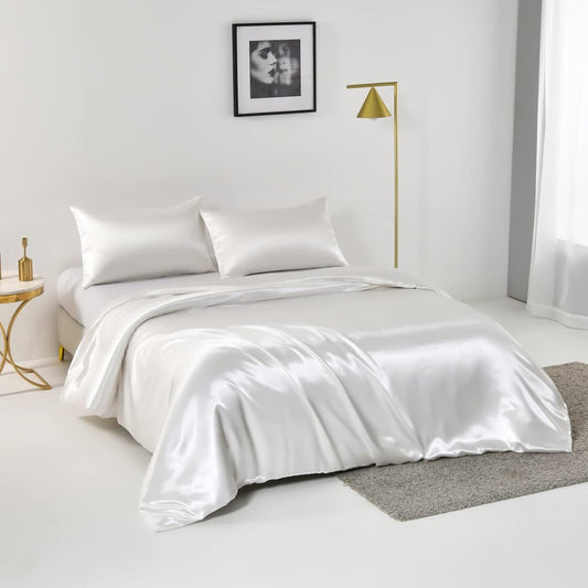 Satin Quilt cover Set Hotel 3 Pieces Quilt cover with Pillowcase, Art Silk Bedding Set-Luxury Soft Silky pillowcase for Hair and Skin, Similar to Silk Duvet/Donna Cover Set- 3 Pieces(Queen,White)