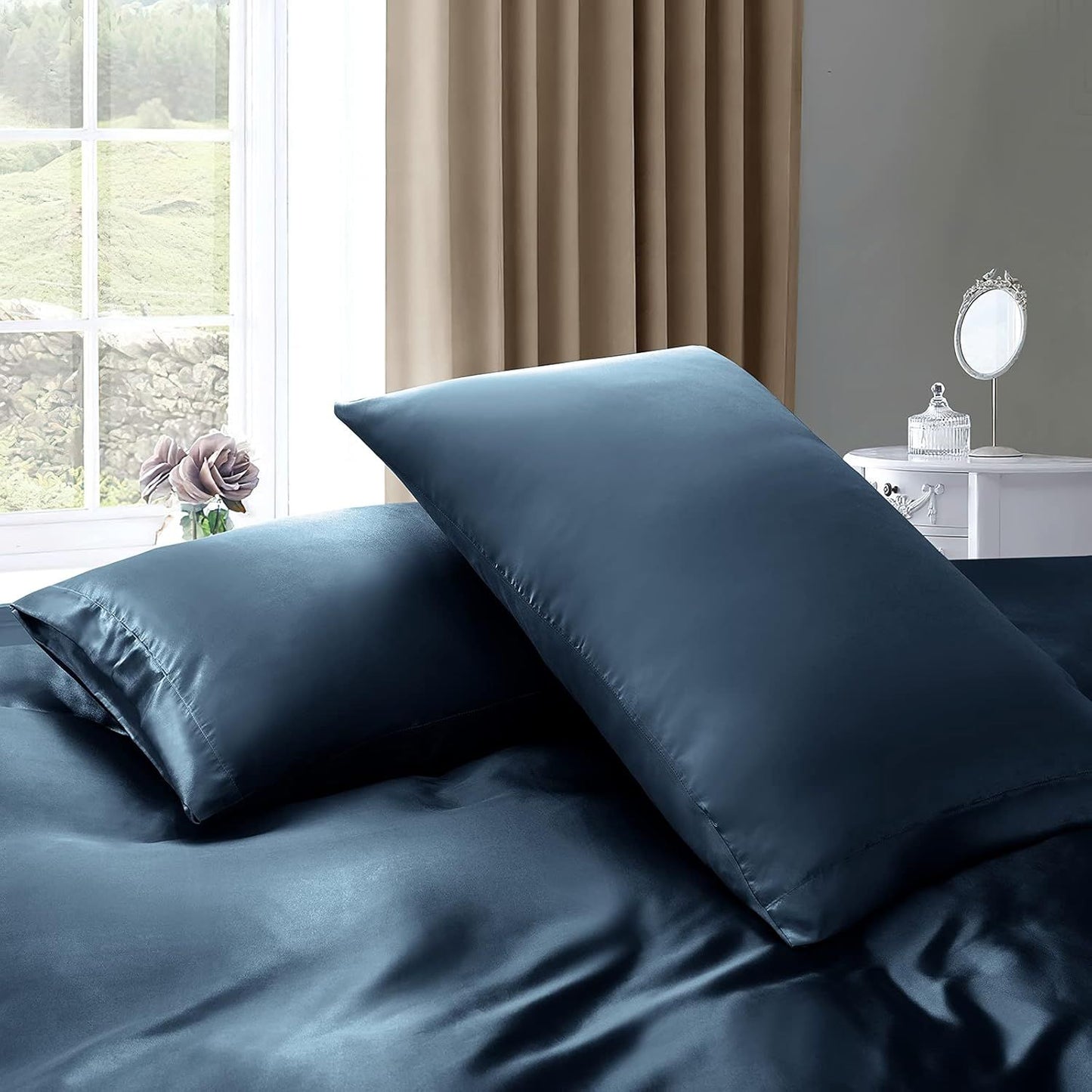 Satin Quilt cover Set Hotel 3 Pieces Quilt cover with Pillowcase, Art Silk Bedding Set-Luxury Soft Silky pillowcase for Hair and Skin, Similar to Silk Duvet/Donna Cover Set- 3 Pieces(Queen,Navy)