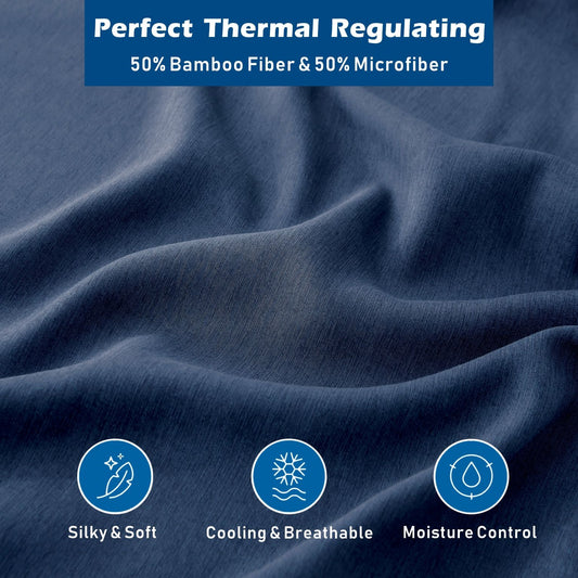 4 Piece Hotel Bamboo Cooling Sheet Set -Ultra Soft 2000TC Breathable Bed Sheets Set with 37 Centimetre Deep Pocket-Cooling Sheets for Hot Sleepers(Navy,Double)