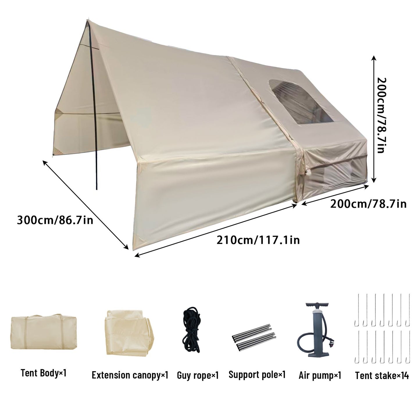 Inflatable Camping Tent with Canopy, Easy Setup Large 4-6 Person Family Waterproof Air Tent, Heavy Duty Cabin Glamping Hiking Blow up Tent with Awning Extension Porch & Air Pump -Khaki