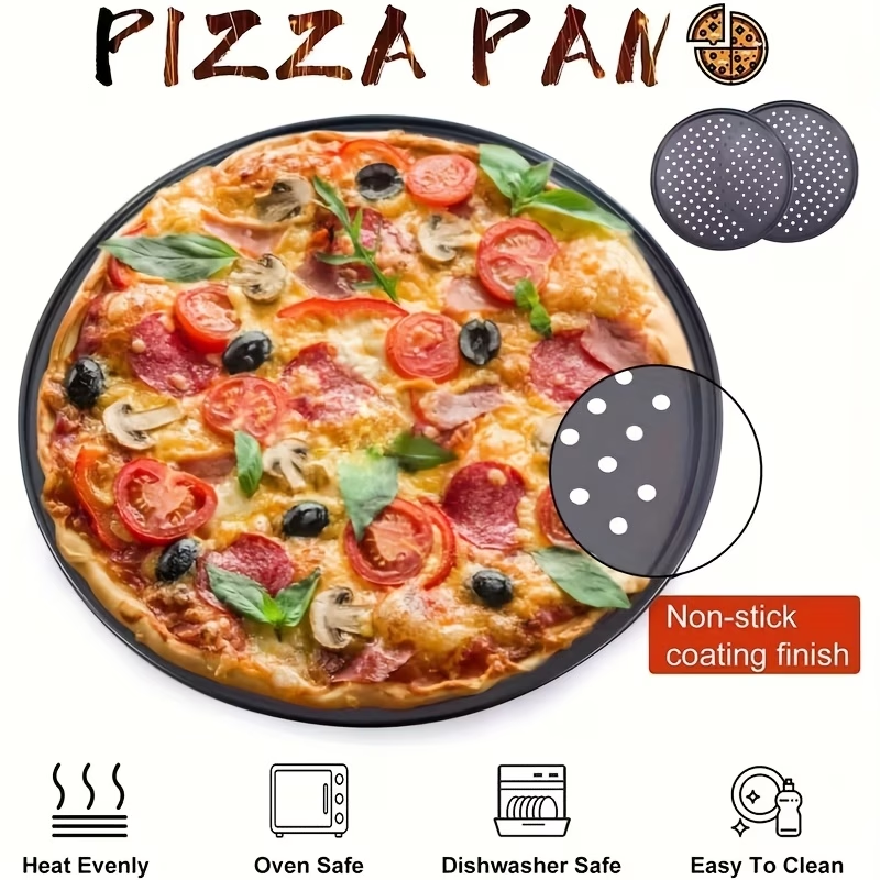 Two pizza baking pans, each 30.48 cm in diameter, feature ventilation holes for improved cooking efficiency and a non-stick coating, making them ideal for oven use.