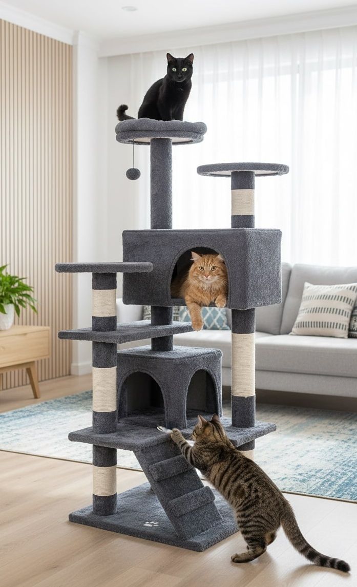 CARLA HOME 134cm Cat Tree Tower for Indoor Cats with Plush Perches, Dual Condos, Natural Sisal Scratching Posts & Ramp for Kittens & Adult Cats (Dark Grey)