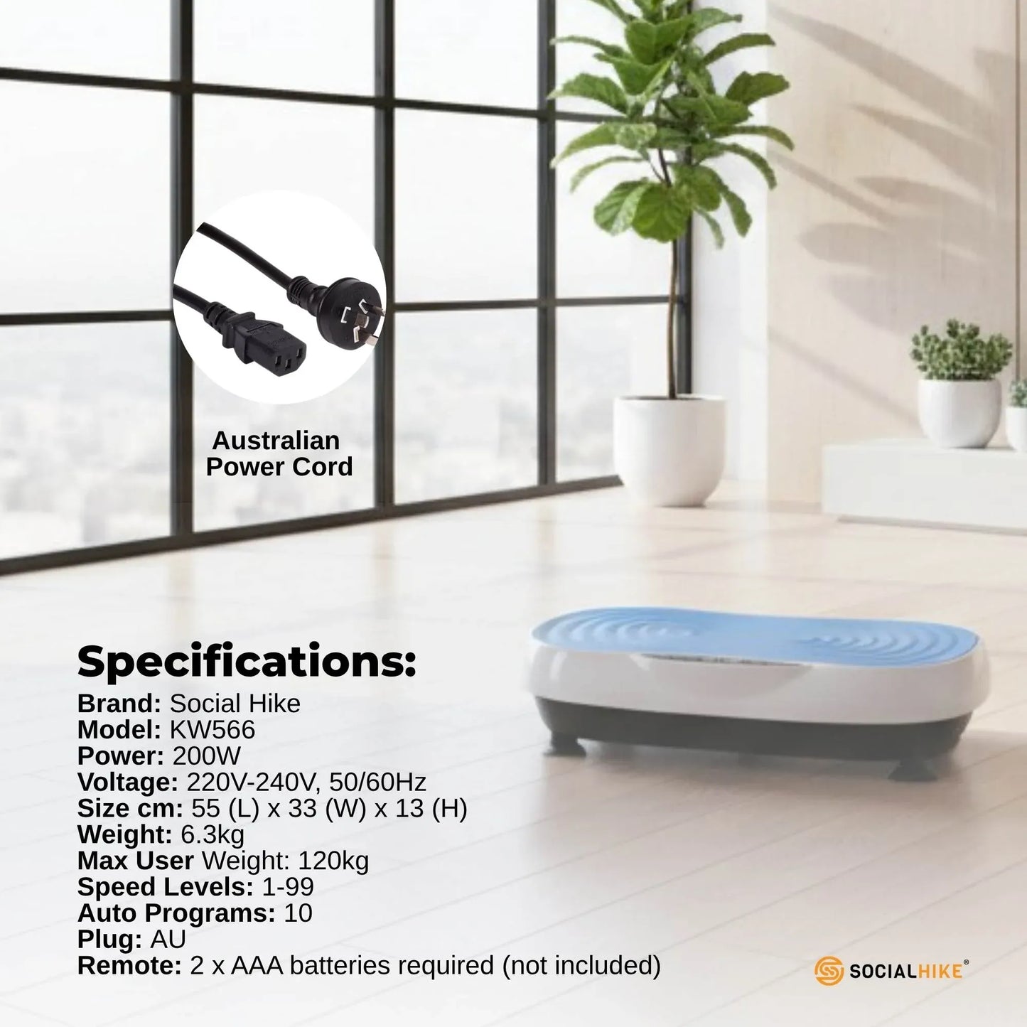 Social Hike 55cm Vibration Plate Machine Full Body Exercise Platform 200W Blue
