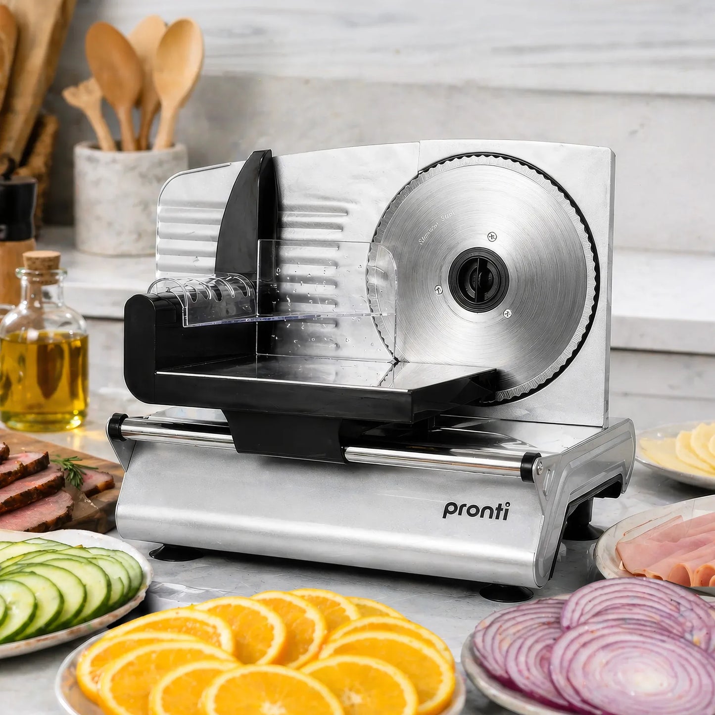 Pronti White Electric Food Slicer 200W with Adjustable Thickness 1 to 15mm Serrated and Fine Edge Stainless Steel Blades
