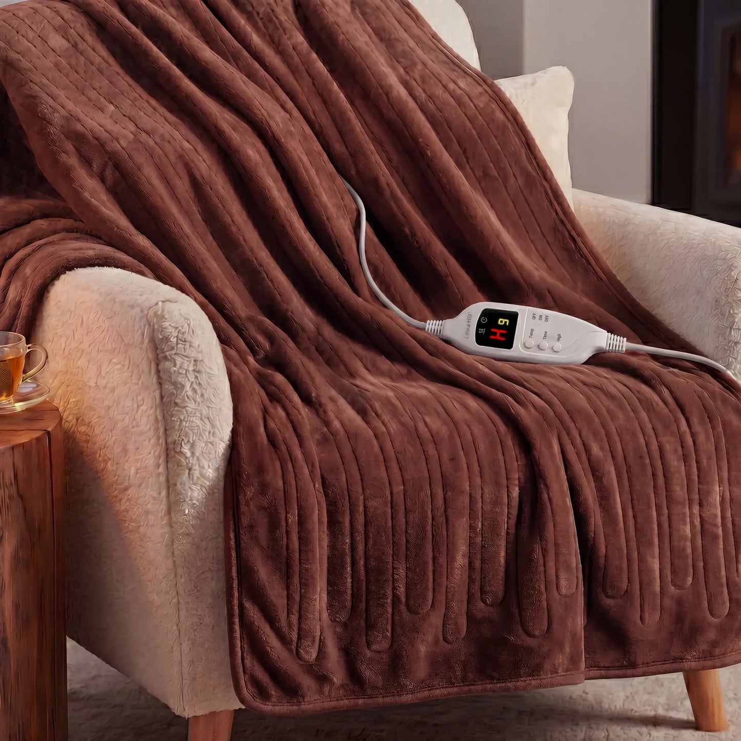 Laura Hill Electric Heated Blanket Throw Soft Coral Fleece w/ 9 Heat Settings - Brown