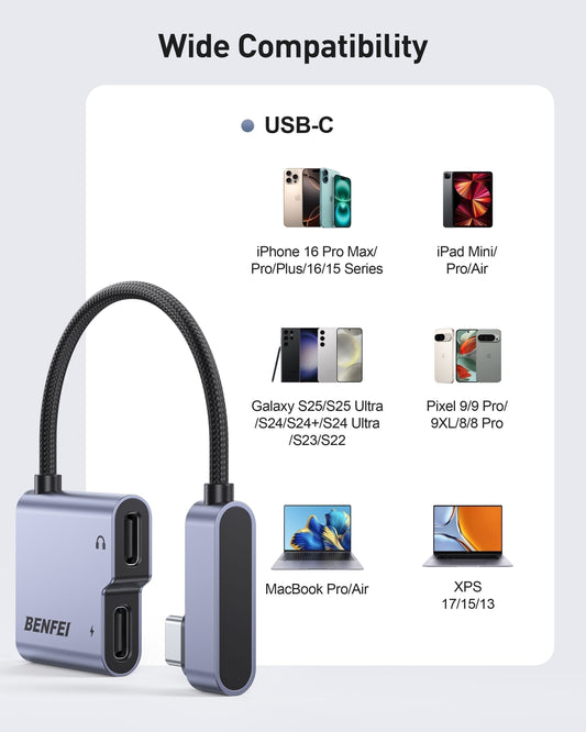 BENFEI 000413GY USB-C to USB-C Audio Headphone + Data Transfer and Charging Adapter