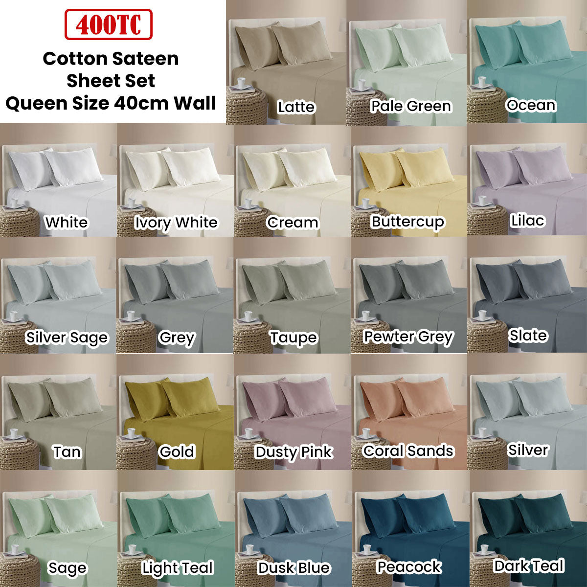 400TC 100% Cotton Sateen Premium Sheet Set 40cm Wall Tan Queen