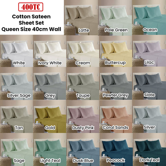 400TC 100% Cotton Sateen Premium Sheet Set 40cm Wall Tan Queen