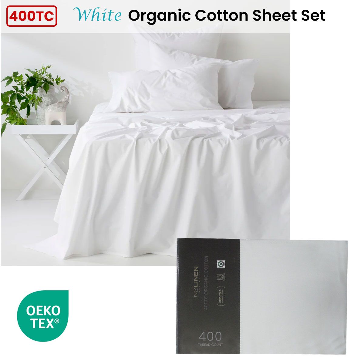 400TC Organic Cotton Premium White Sheet Set Long-Staple Commercial-Grade Durability Mega King