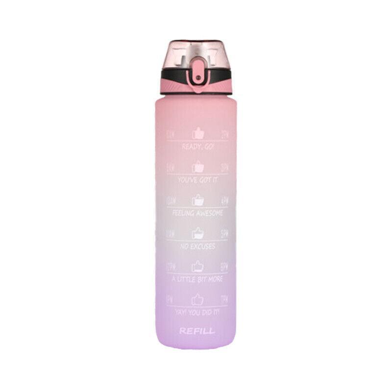 1L Water Bottle Motivational Drink Flask With Time Markings Bpa Free Sport Gym - Green+Purple