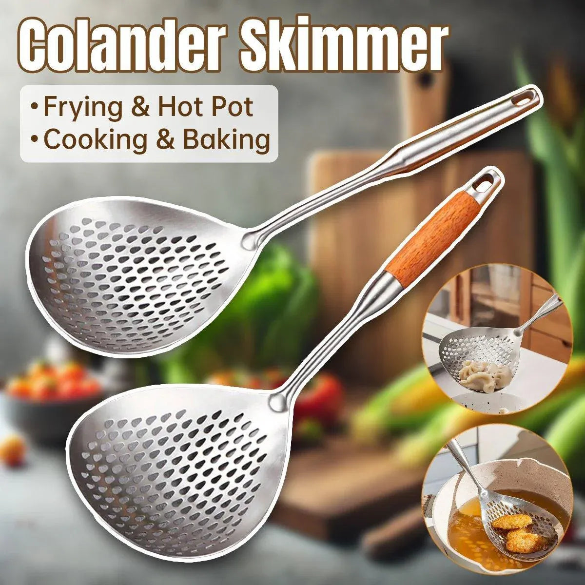 304 Stainless Steel Kitchen Colander Long Handle Noodle Dumpling Strainer Spoon - Stainless steel