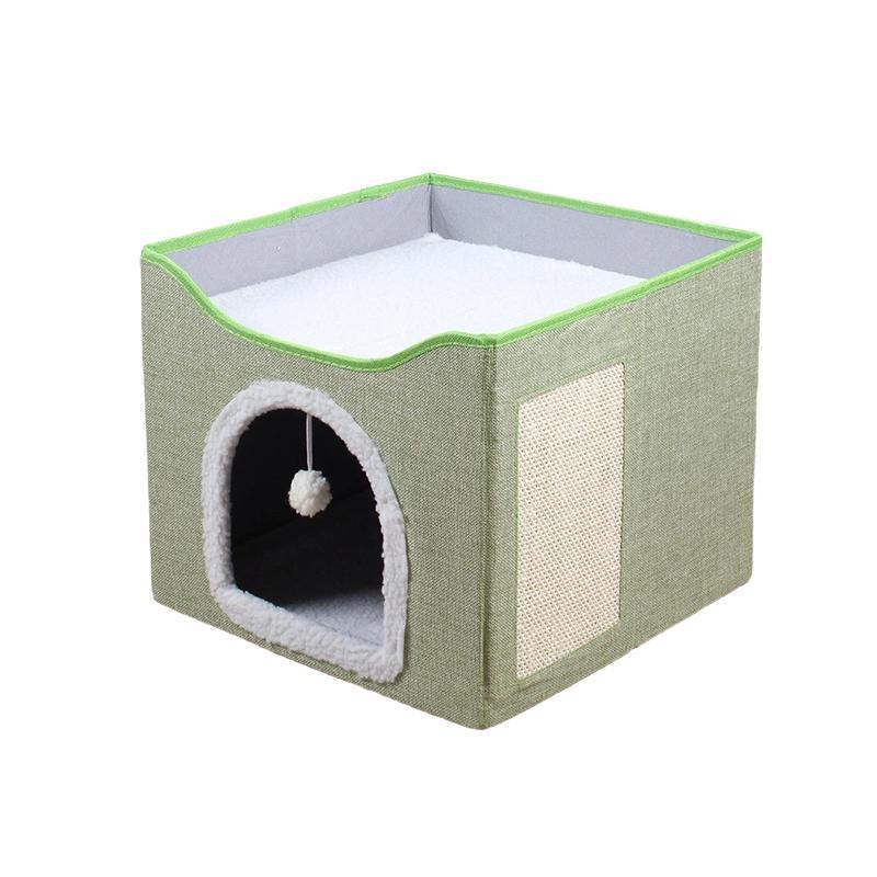 Foldable Pet Cat Calming Bed Hideaway Interactive House Nest Scratching Board - Light Green