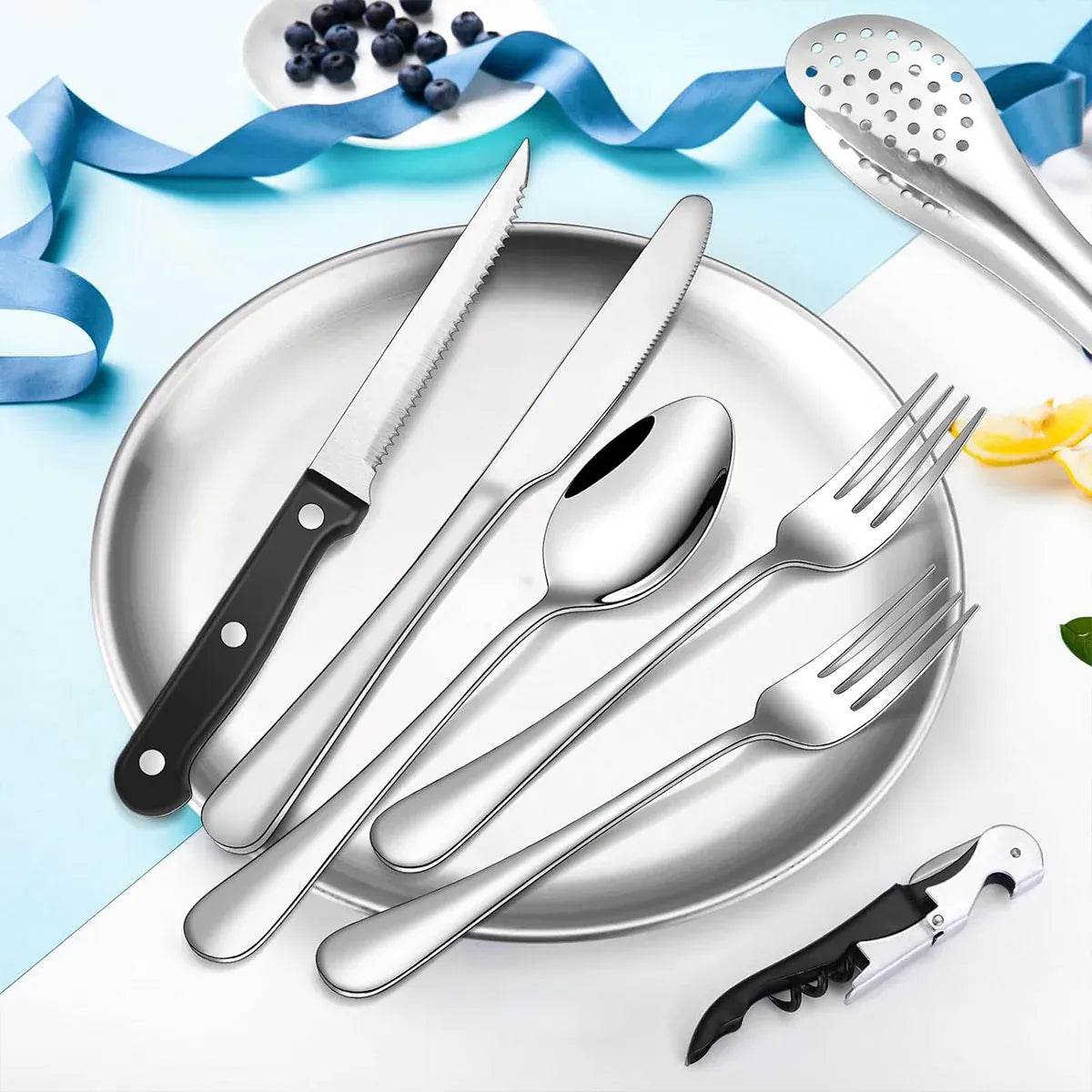 10/20PCS Camping Cutlery Set Outdoor Picnic Utensils Plates Spoons Forks Knives - Black-2 People