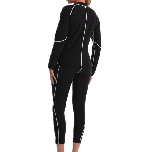 Black and Silver Women's Workout Sauna Sweat Suit Set - Long Sleeve Top & Leggings