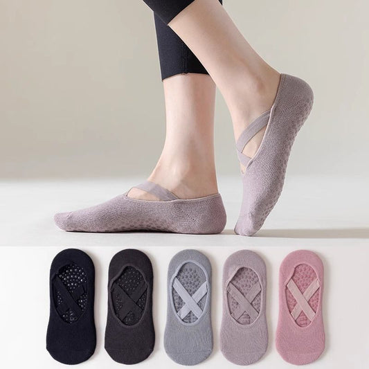 5-Pair Pink Premium Non-Slip Yoga & Pilates Socks with Elastic Cross-Straps - Breathable Cotton Ballet-Style High Grip Socks