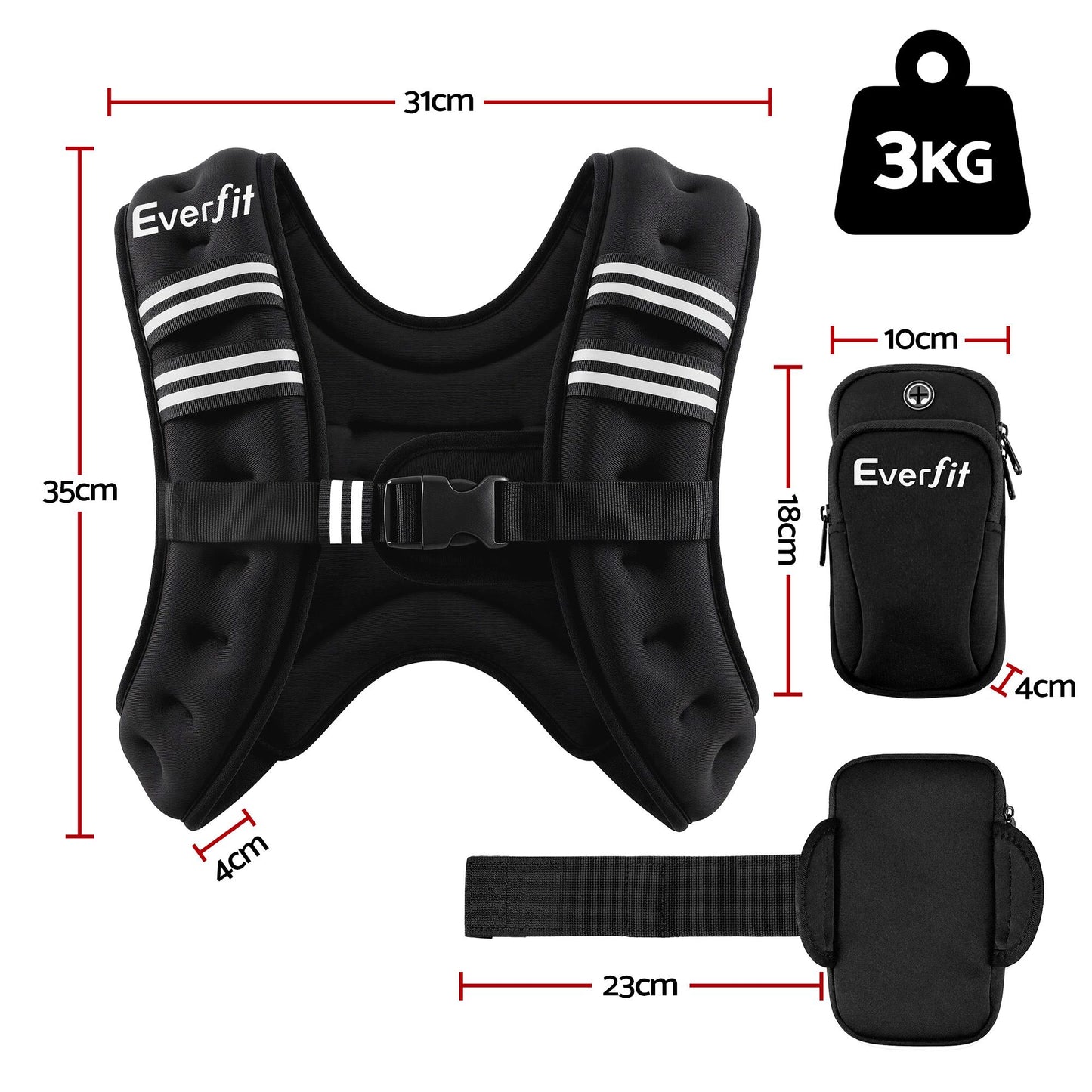 Everfit 3kg Weighted Vest Men Women, Reflective Running Vest with Armband Pouch