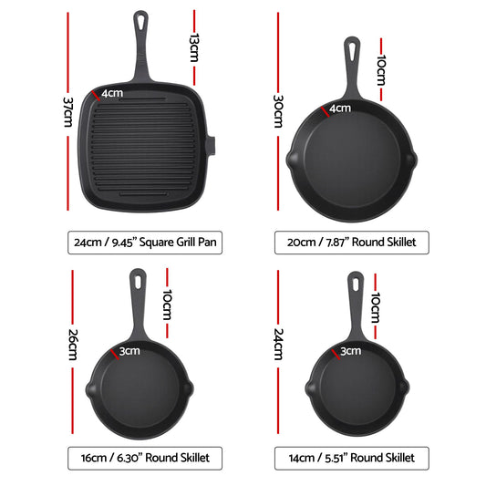 5-Star Chef Cast Iron Fry Pan Skillet Cookware Set Induction Black 14/16/20/24cm