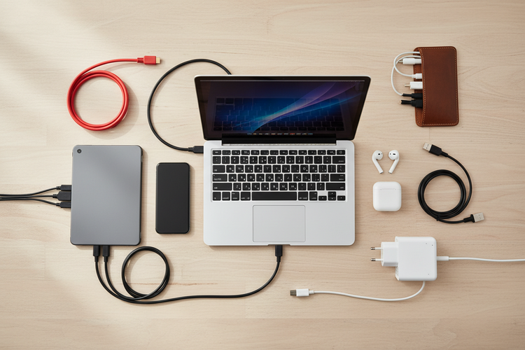 Variety of electronic products on a beige table