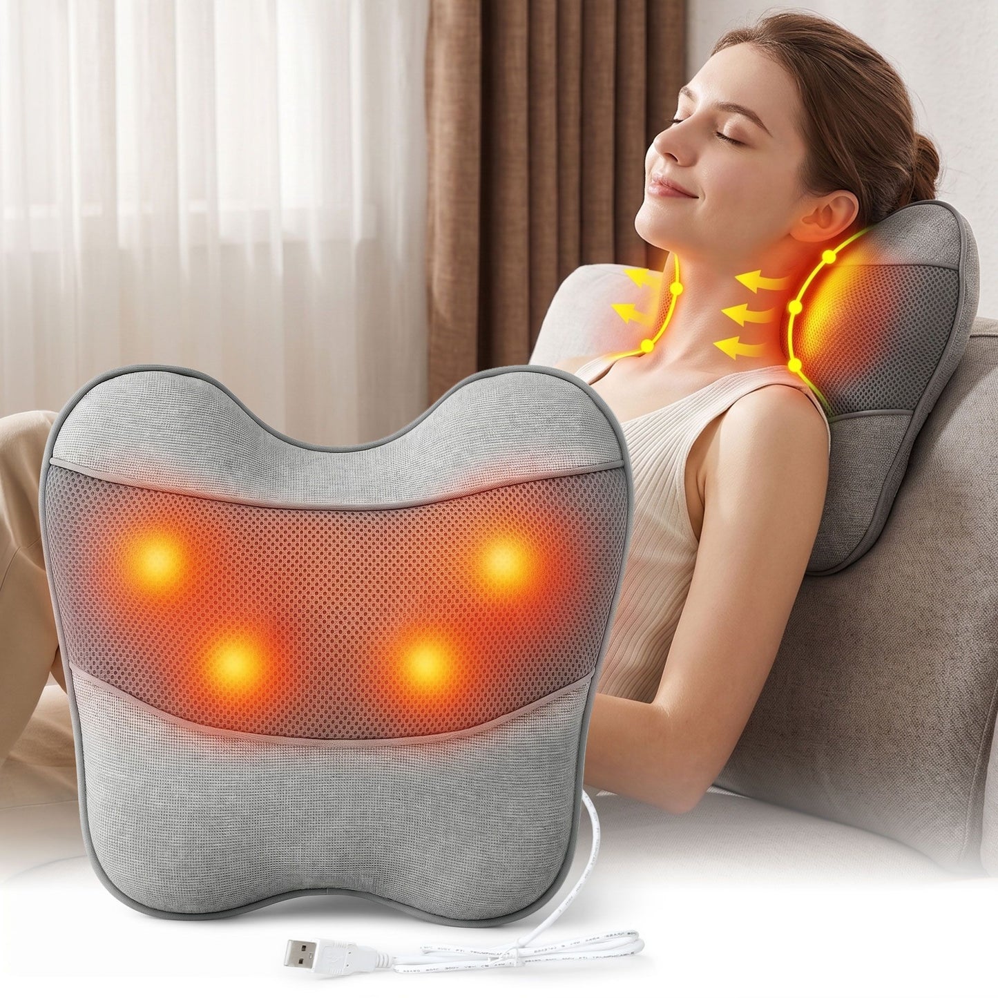 Livemor Back Massager with Heat, USB Neck and Shoulder Massage Pillow, 3-Speed Ergonomic Lumbar Support Cushion for Office Chair, Portable Muscle Relief for Back, Thigh & Calf, Grey