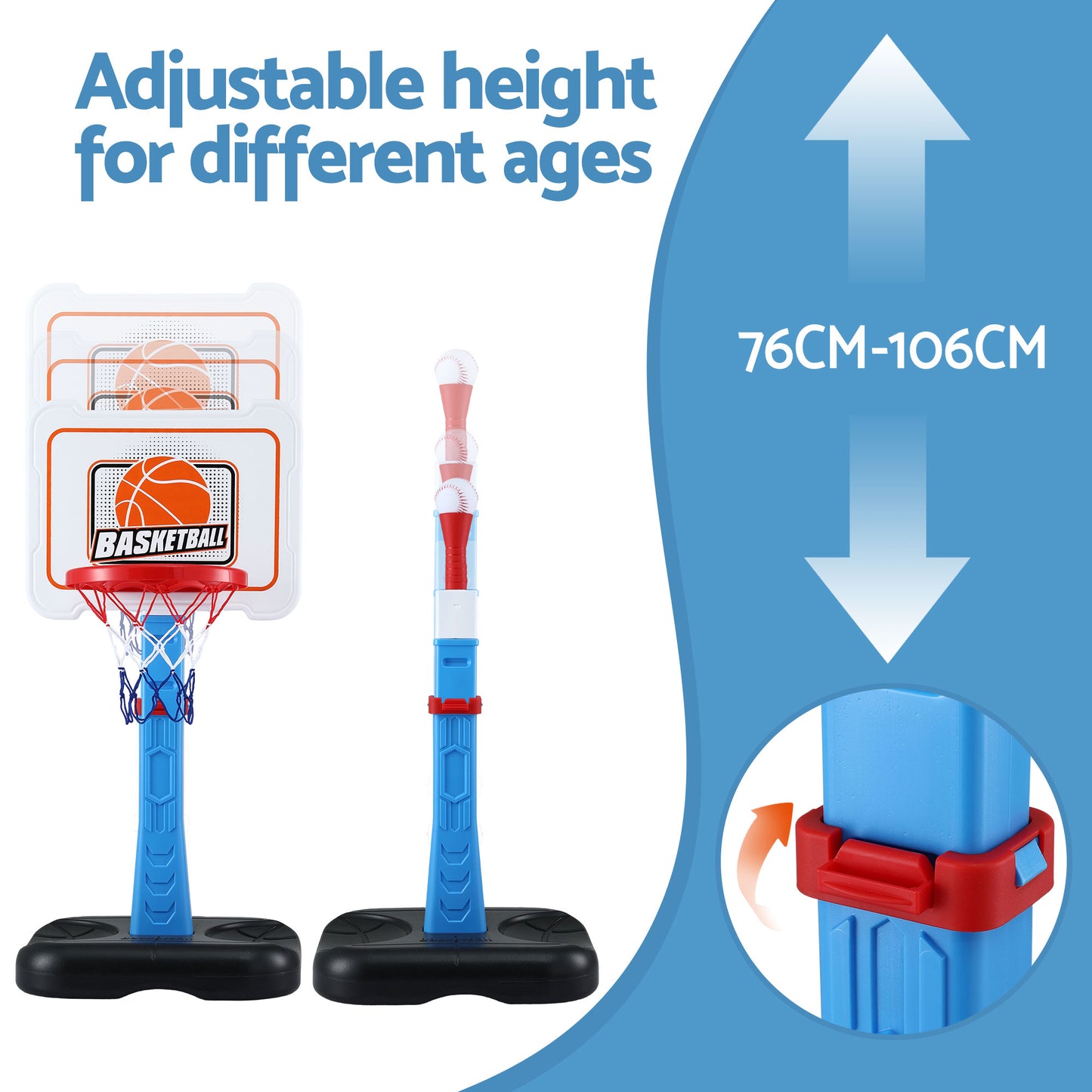 Keezi Kids Basketball Hoop Stand Baseball Set Adjustable Height Sports Toys Blue