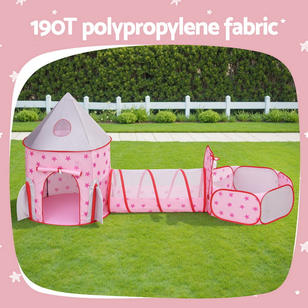 Keezi Kids Playhouse Play Tent Pop Up Castle Crawl Tunnel Basketball Hoop Pink