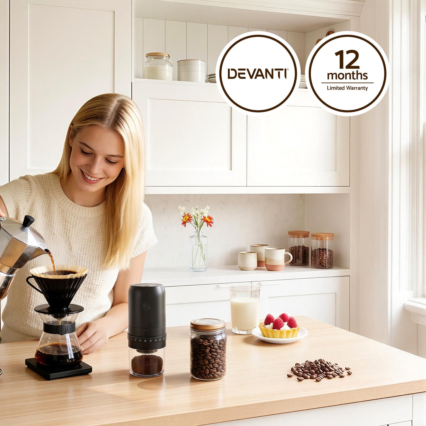 Devanti Electric Coffee Grinder USB-C Rechargeable Portable Coffee Bean Grinder with 40 Precise Grind Settings | Automatic Spice Nut Pepper Grinder Mill with Cleaning Brush & Ground Coffee Container for Home Office Camping Travel, Black
