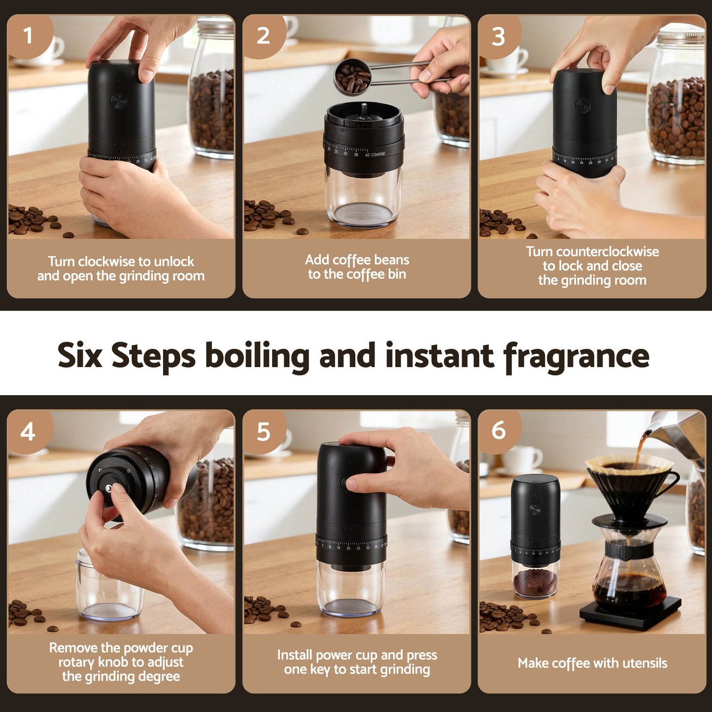 Devanti Electric Coffee Grinder USB-C Rechargeable Portable Coffee Bean Grinder with 40 Precise Grind Settings | Automatic Spice Nut Pepper Grinder Mill with Cleaning Brush & Ground Coffee Container for Home Office Camping Travel, Black
