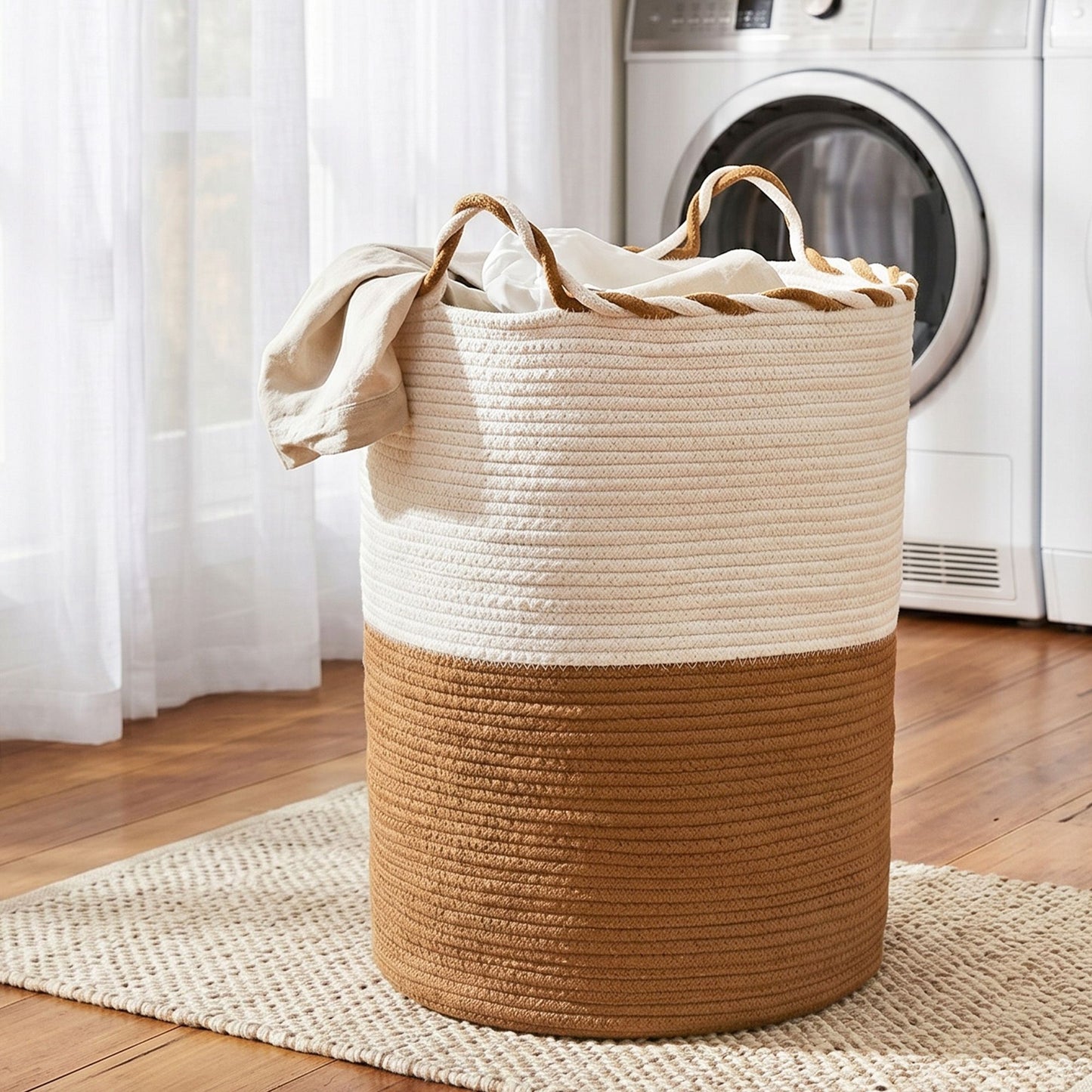 Artiss Woven Laundry Basket with handles Foldable White & Brown