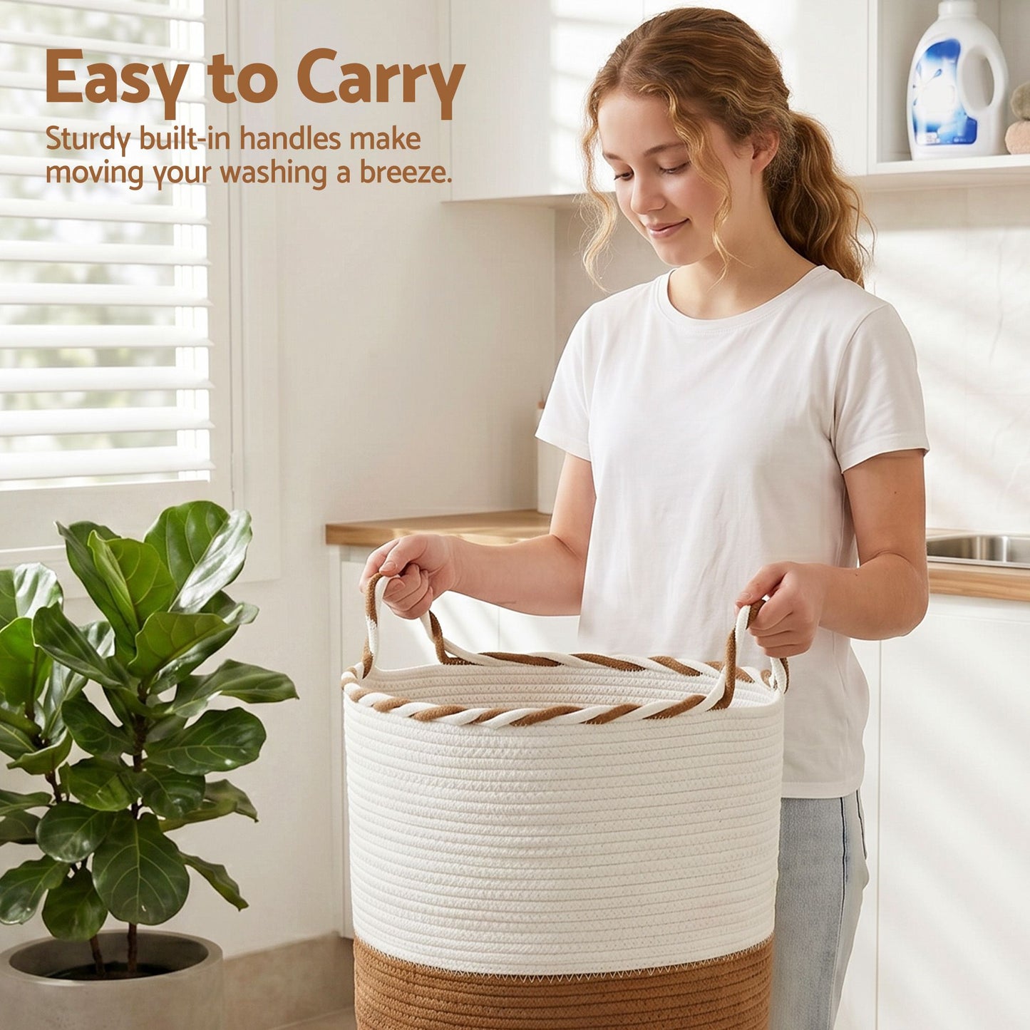Artiss Woven Laundry Basket with handles Foldable White & Brown