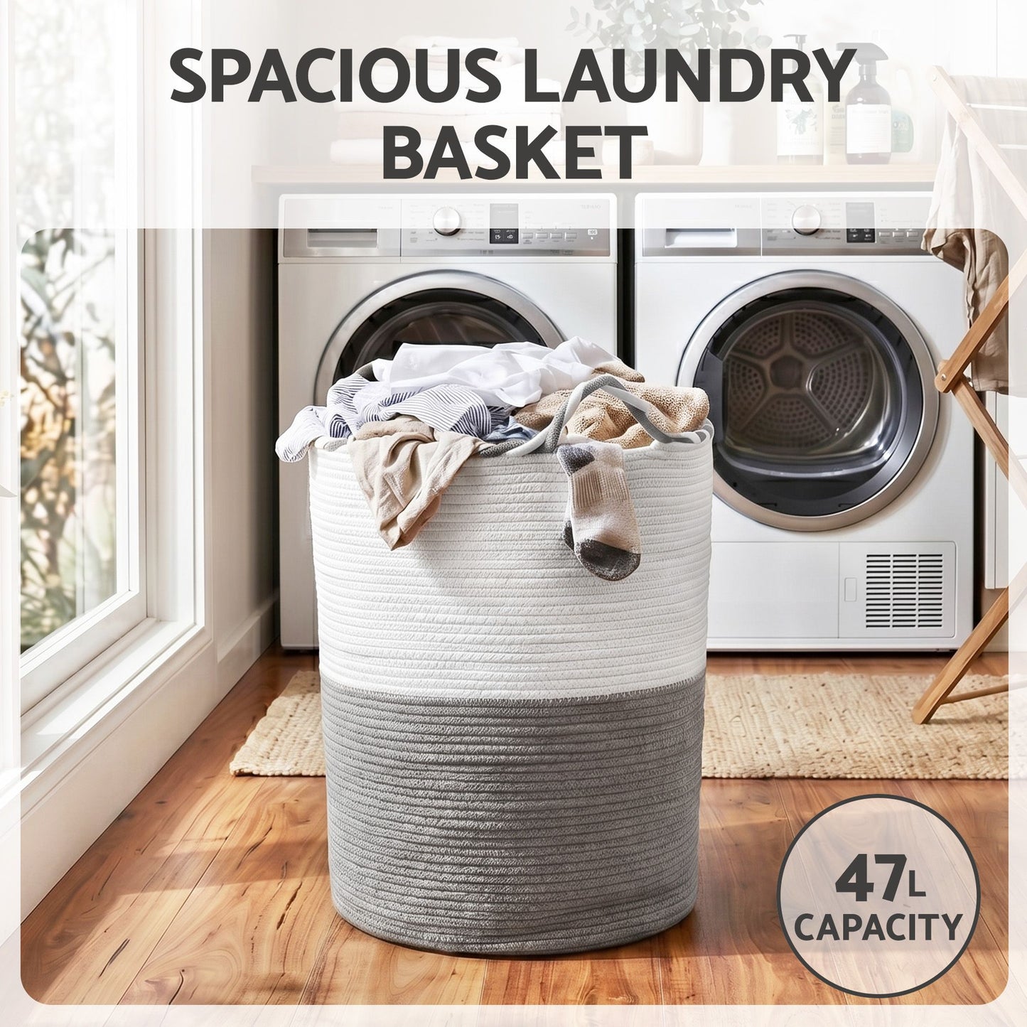 Artiss Woven Laundry Basket with handles Foldable White & Grey