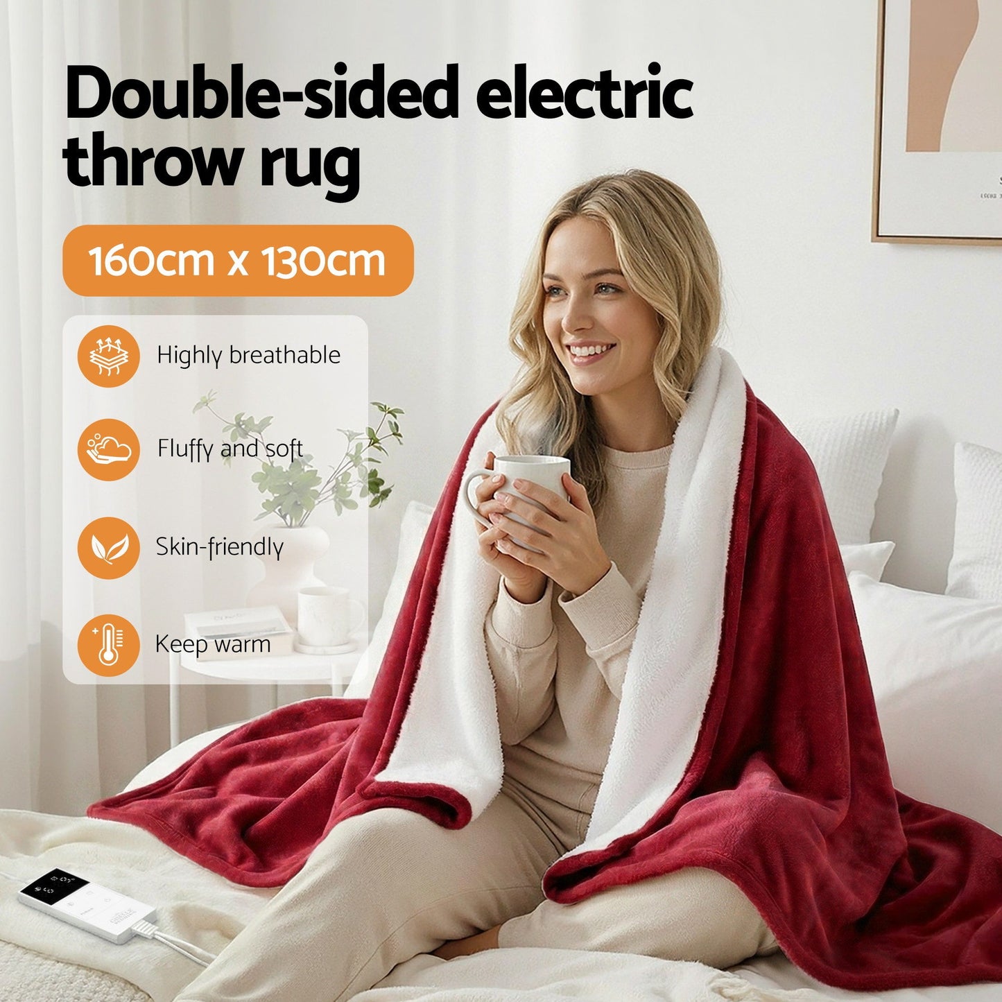 Giselle Electric Throw Rug Dual Side Fleece Flannel Heated Blanket Burgundy