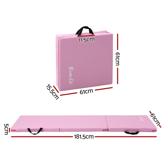 Everfit 180x60cm Gymnastics Mats Folding Exercise Floor Mat Portable 3 Fold Tumbling Mat Pink