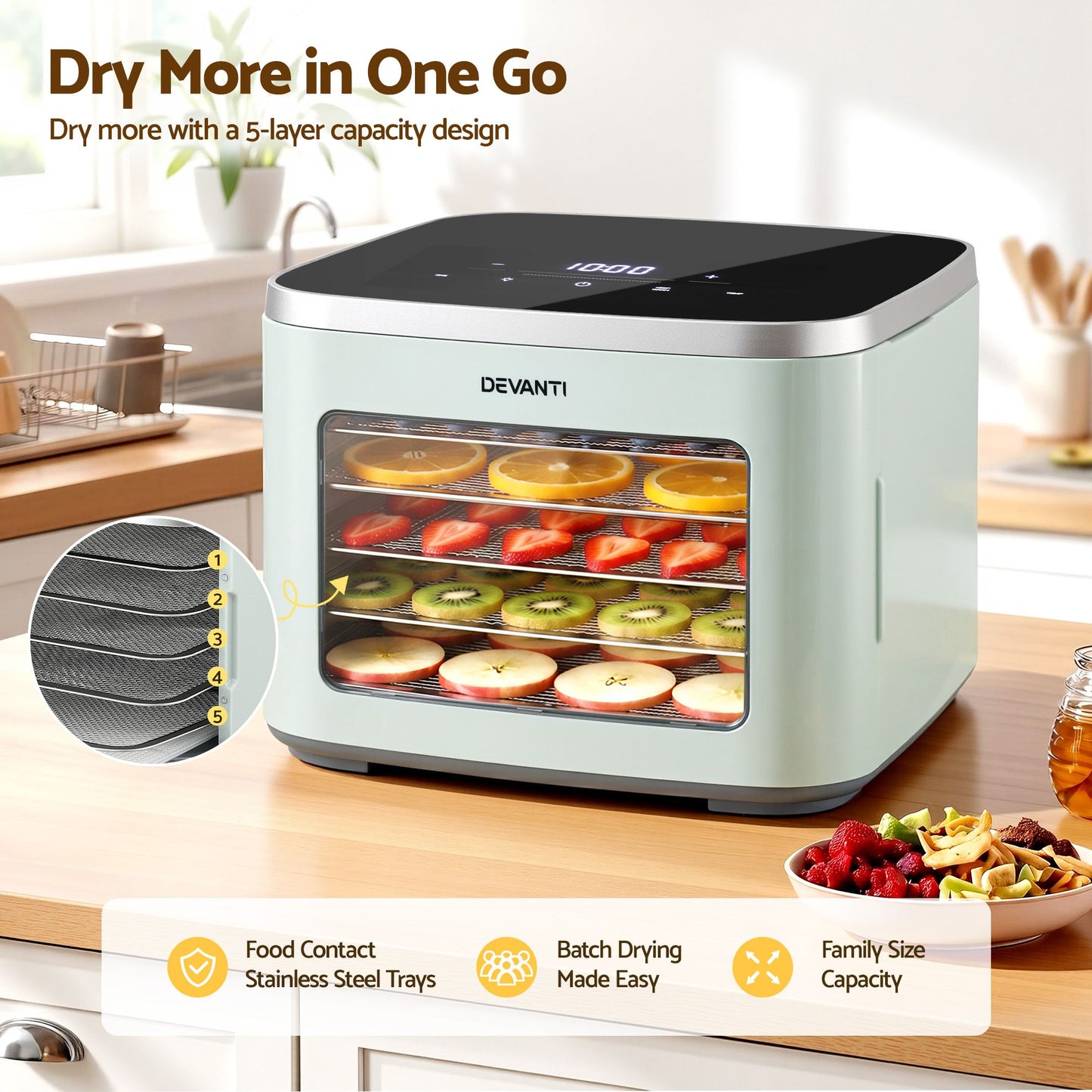 Devanti Food Dehydrator Machine 5 Tray Mini Fruit Dryer Maker Green