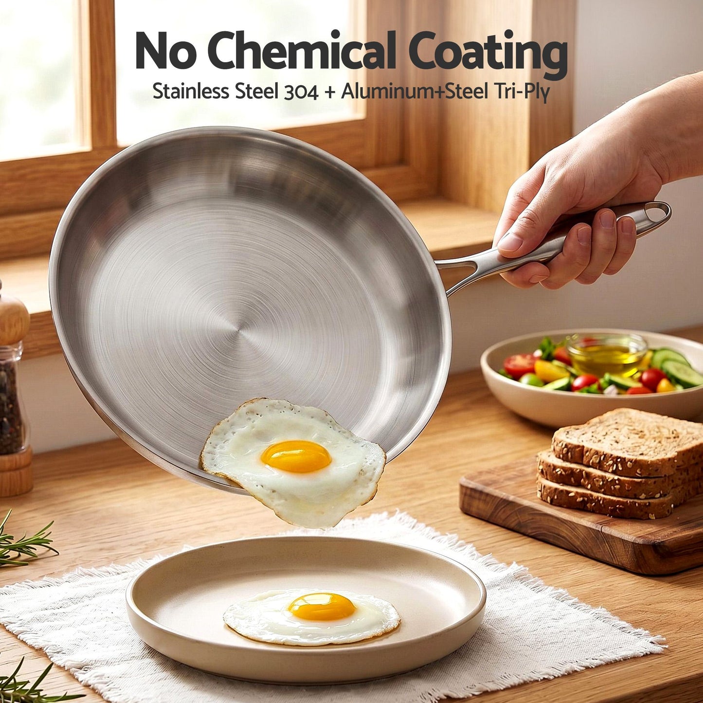 5-Star Chef 30cm Stainless Steel Frying Pan Uncoated Frypan with Tri-Ply Body Silver