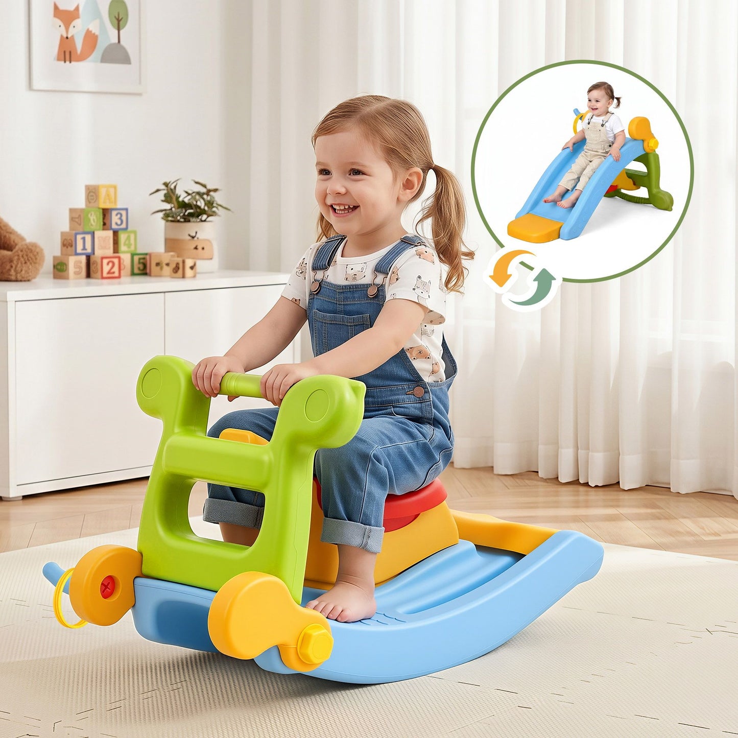 Keezi Kids Slide Set Toddler Indoor Playset Rocking Horse Ring Toss Multi Colour